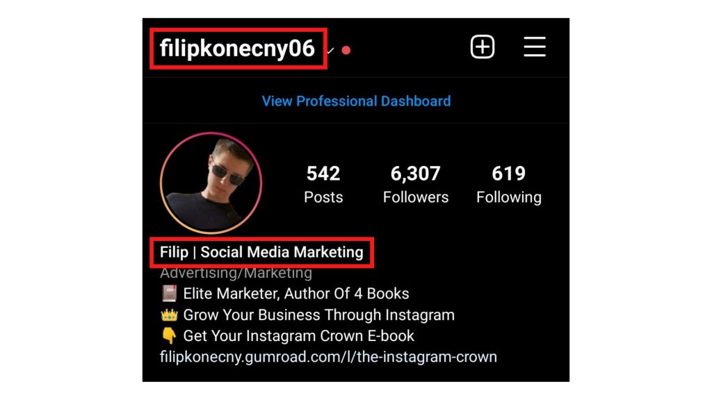 An example of a username and a headline on my Instagram profile