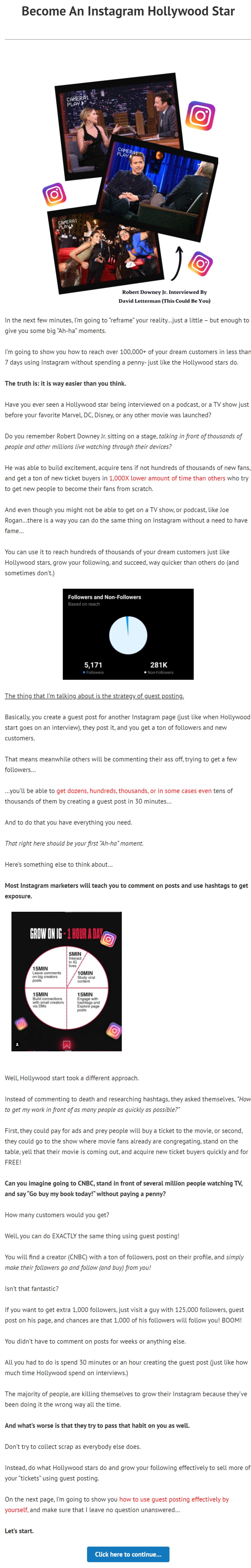 Filip Konecny’s Article Page Warming Up Cold Traffic To Get His Book Called The Instagram Crown