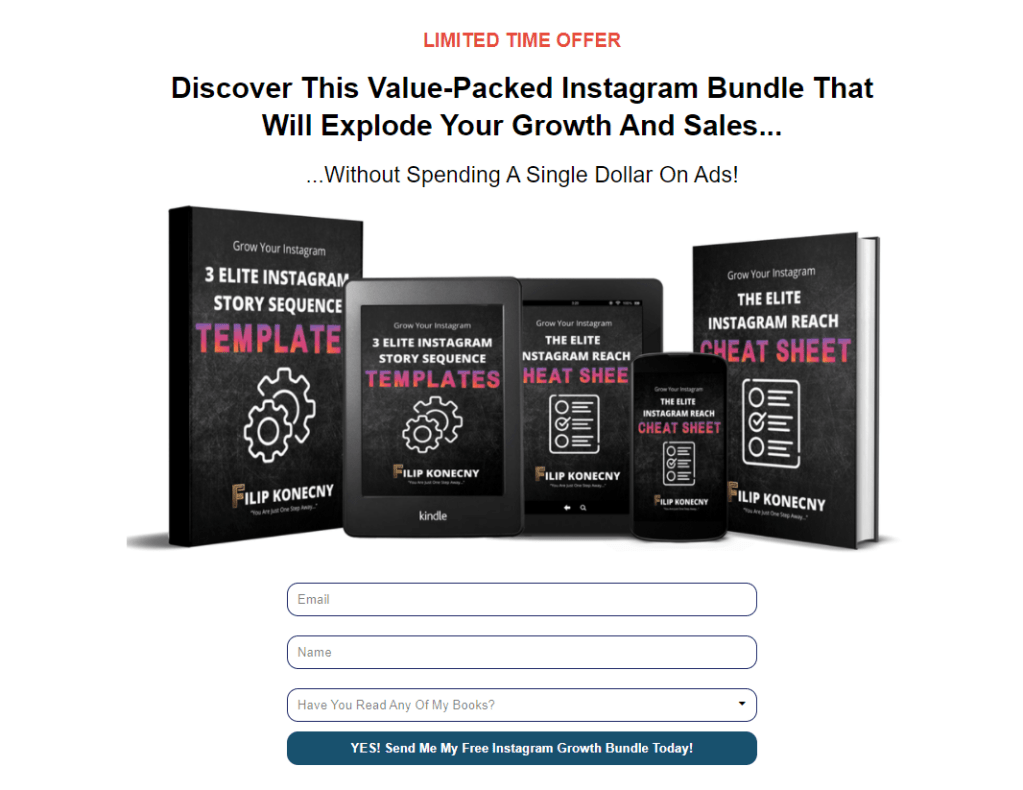 The lead-squeeze page for one of my free Instagram marketing bundles