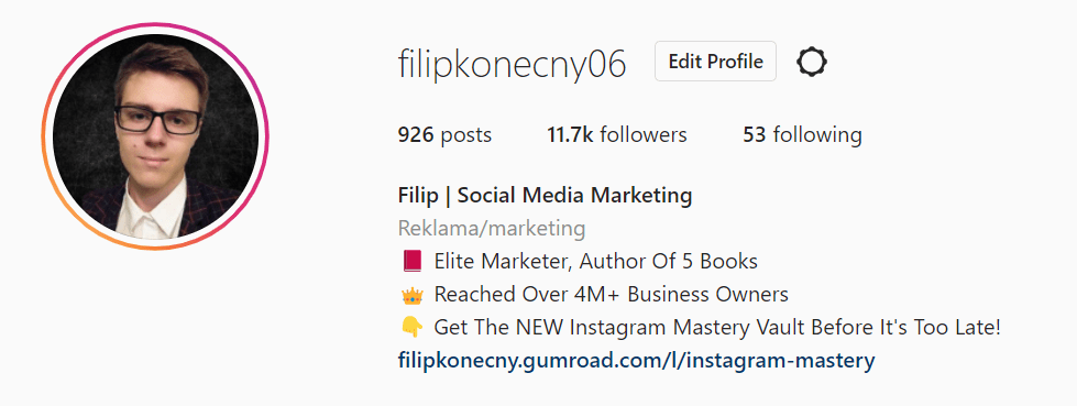 Example of Filip Konecny's Instagram profile