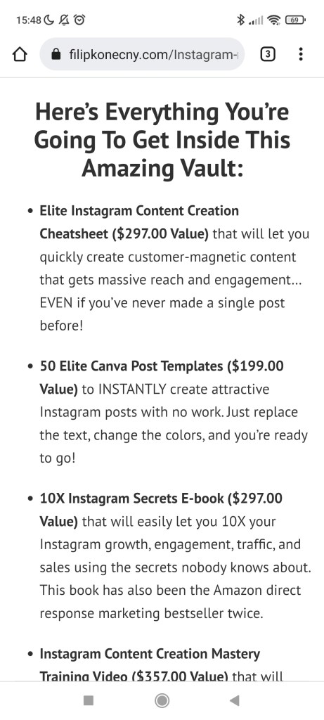 Second example of a sales page linked to using the Instagram link in bio