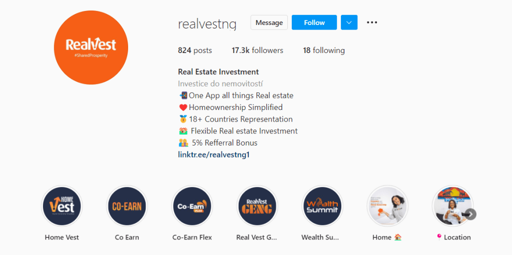 Instagram profile of real estate investment trust