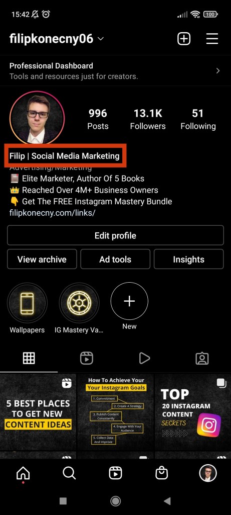Example of a keyword in an Instagram bio of @filipkonecny06