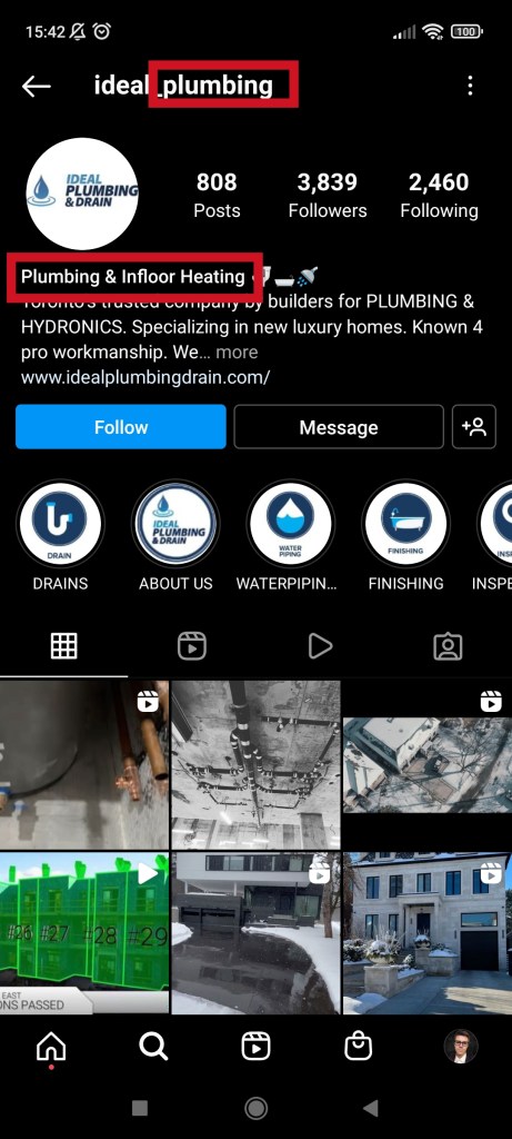 Example of a keyword in a bio of @ideal_plumbing