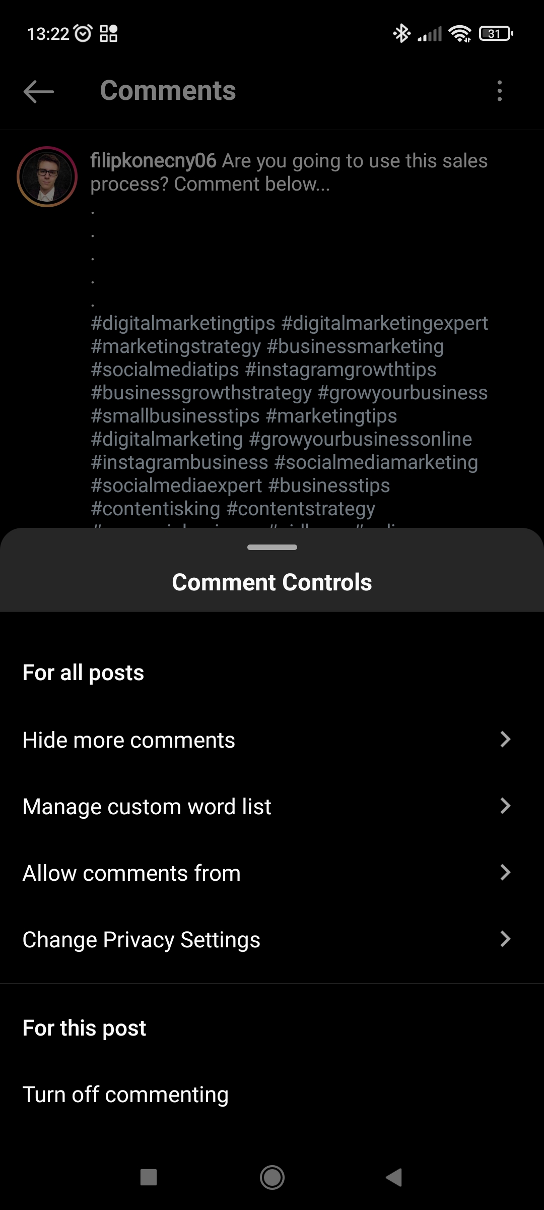 Example of comment settings #1