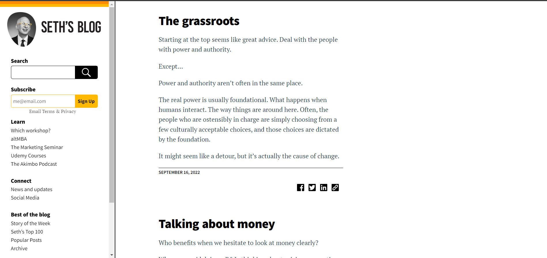 Seth's blog homepage screenshot