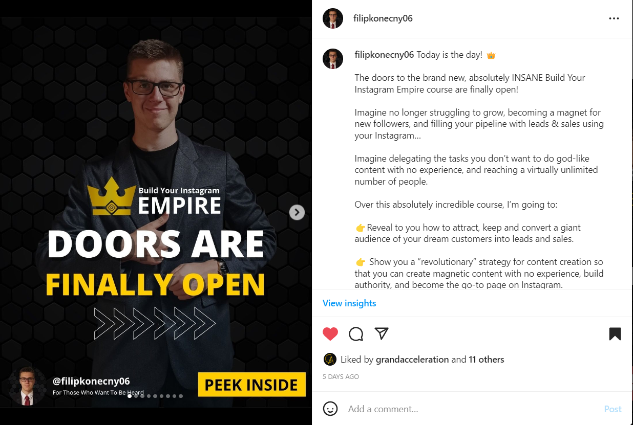 Example of a promotional psot on Instagram