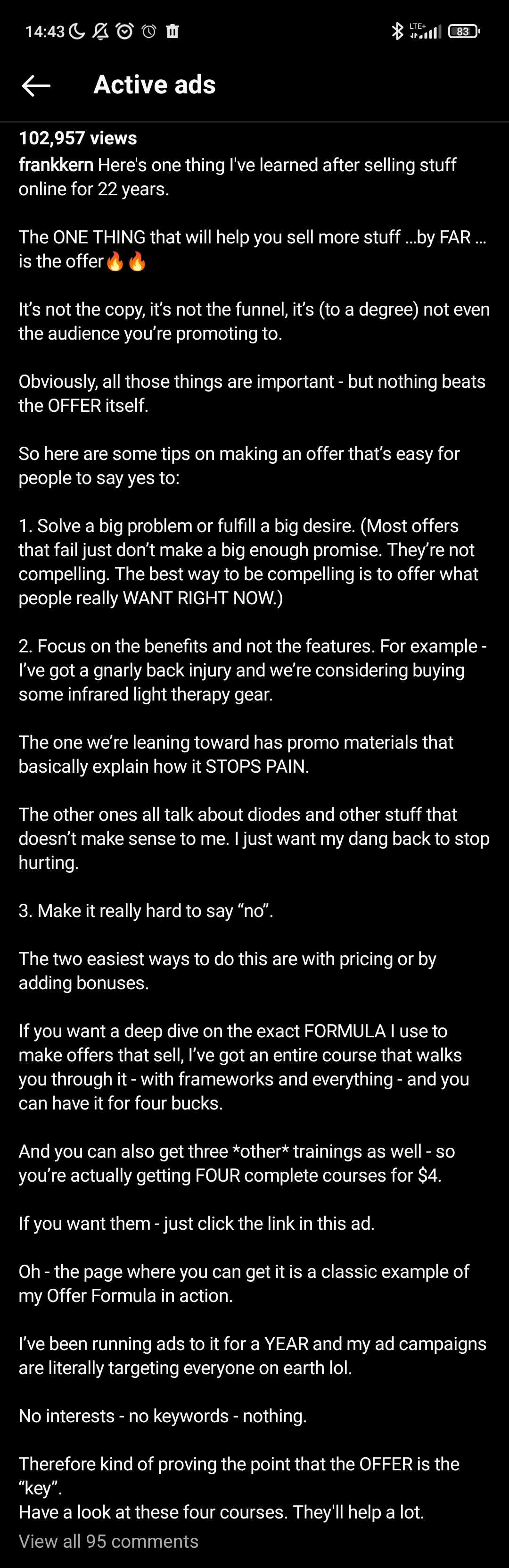 Example of a sales message in the caption of an Instagram ad