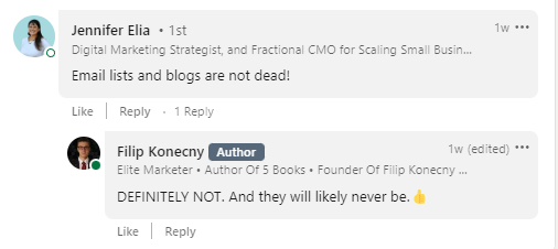 Example of engaging on LinkedIn as a part of a content strategy