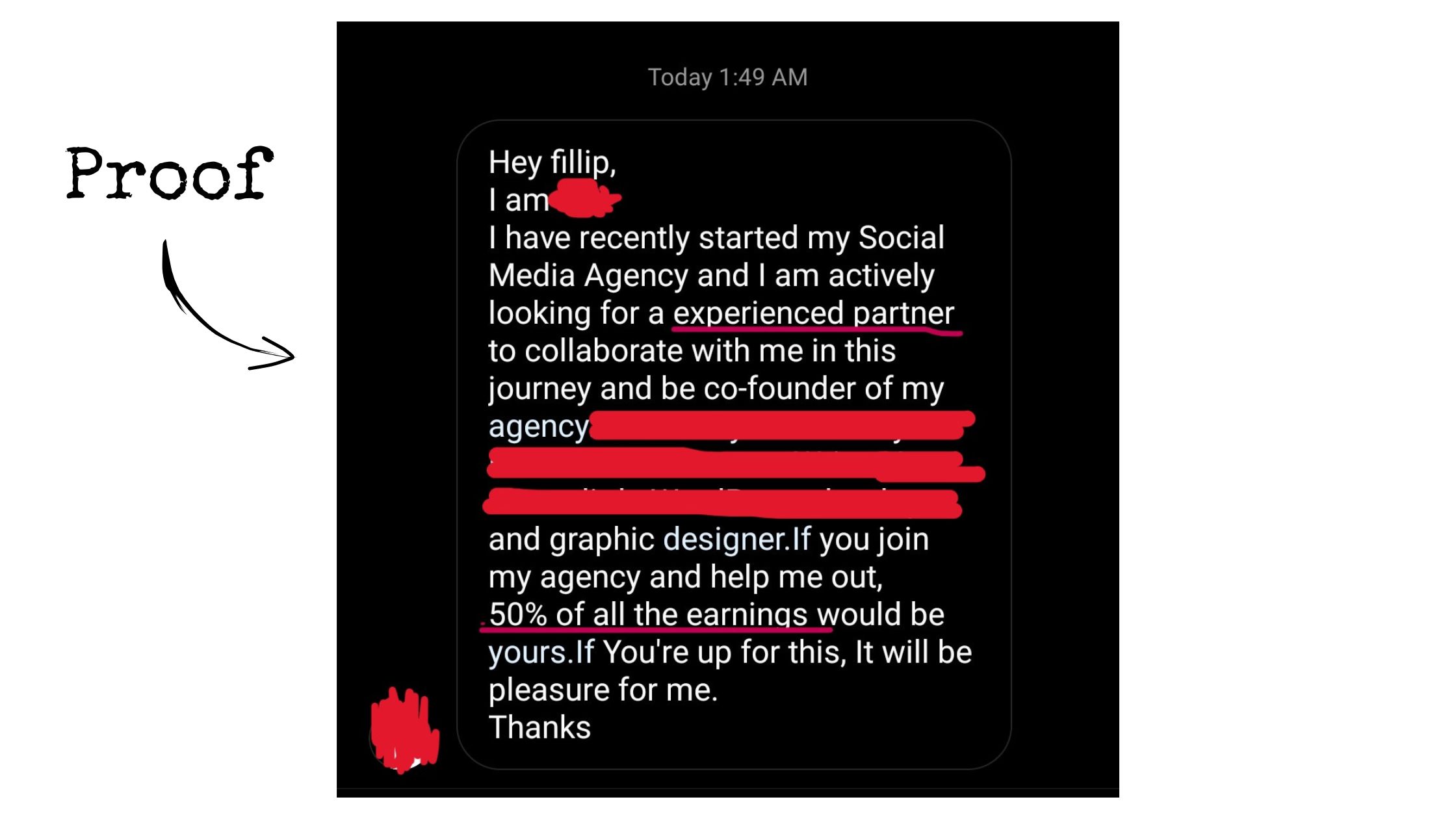 A message from a founder offering FIlip Konecny 50% stake at his company