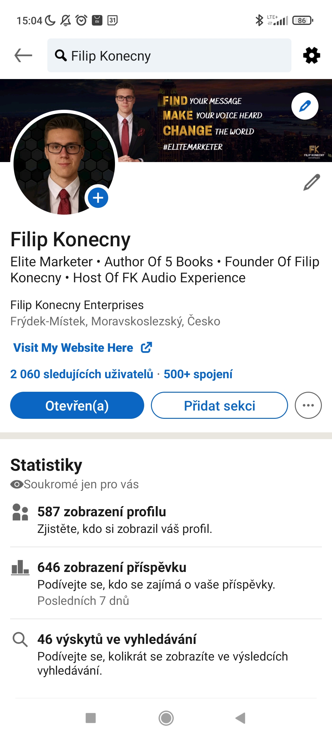 Screenshot of Filip Konecny's LinkedIn profile in czech language