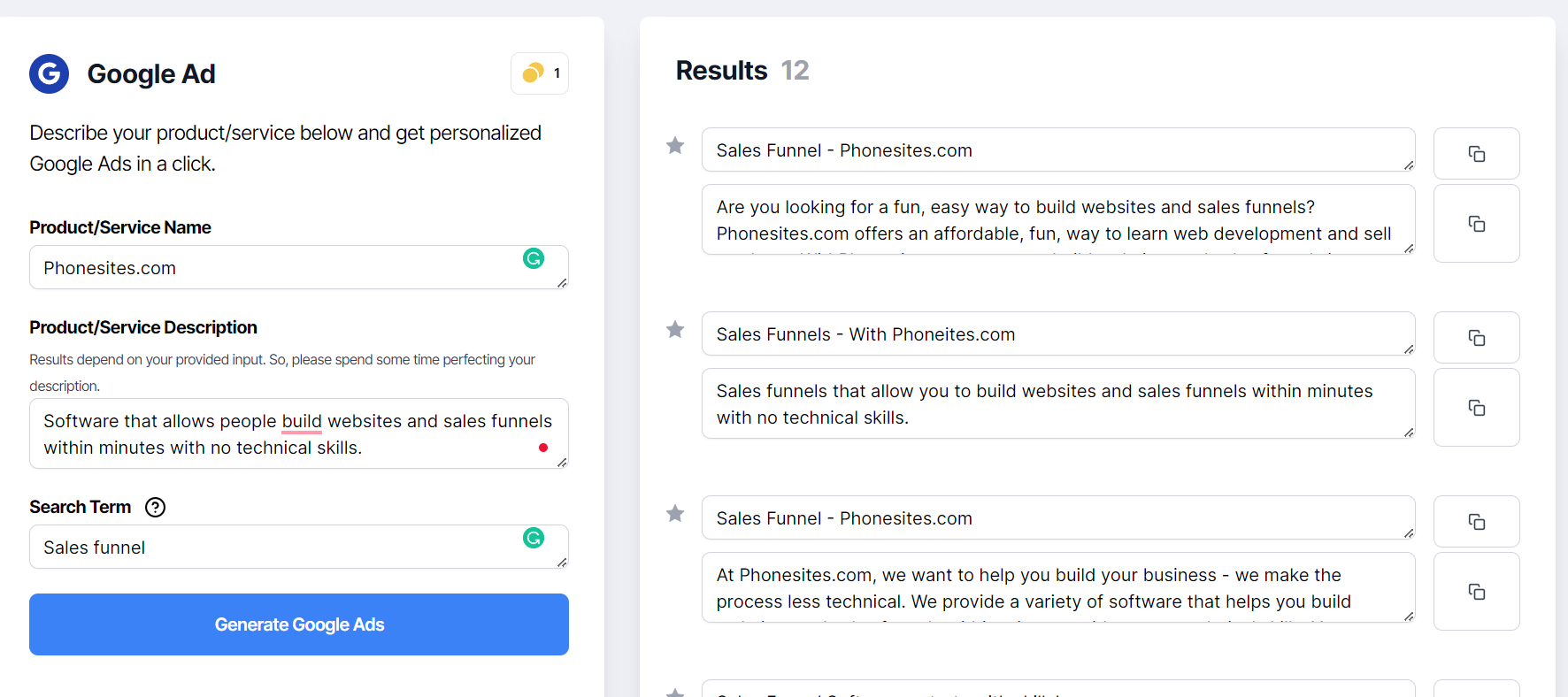 Phonesites AI writer feature