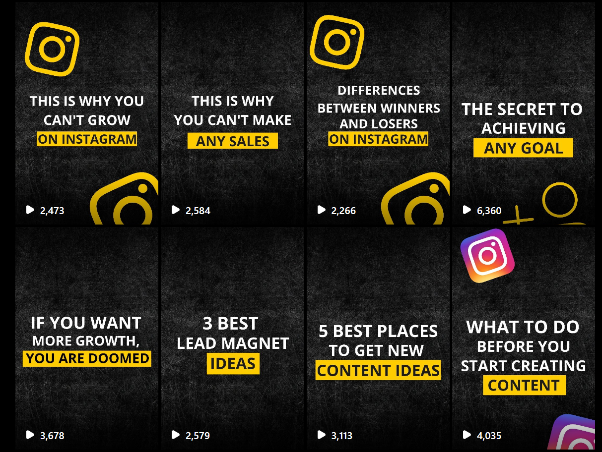 Example of all reels from Filip Konecny with cover images on Instagram