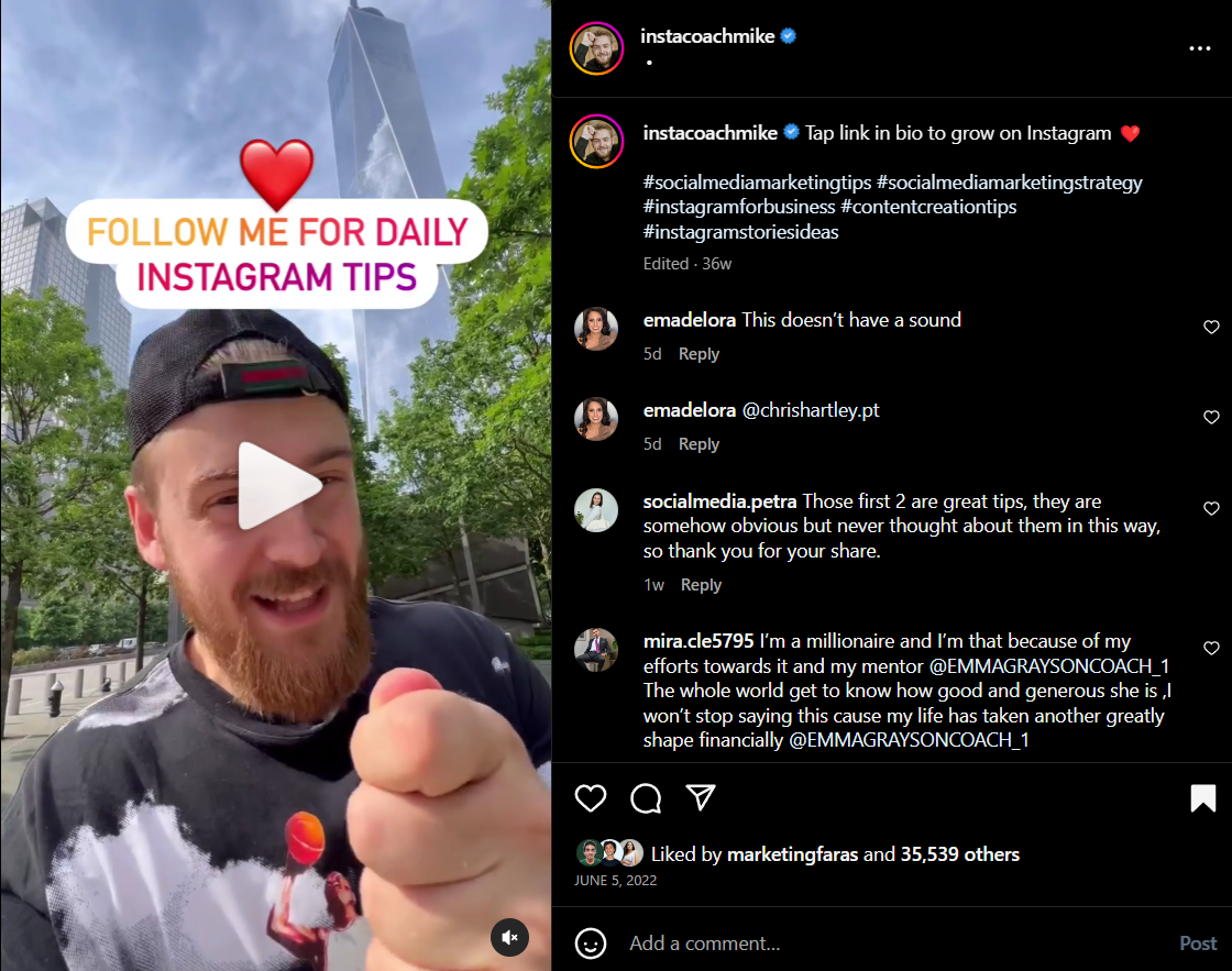 Example of a call to action in an Instagram video from Instacoachmike