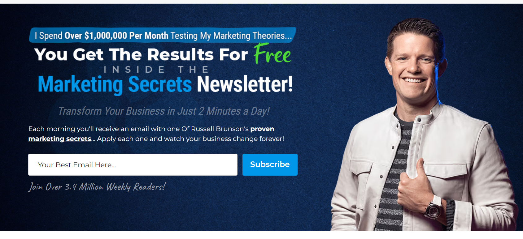 Image of a Russell Brunson's landing page for joining an email list