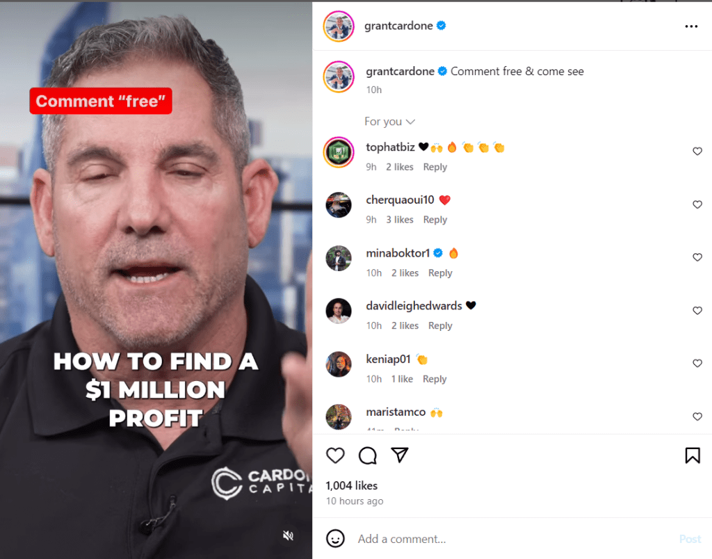 Example of a social media post with high engagement from Grant Cardone