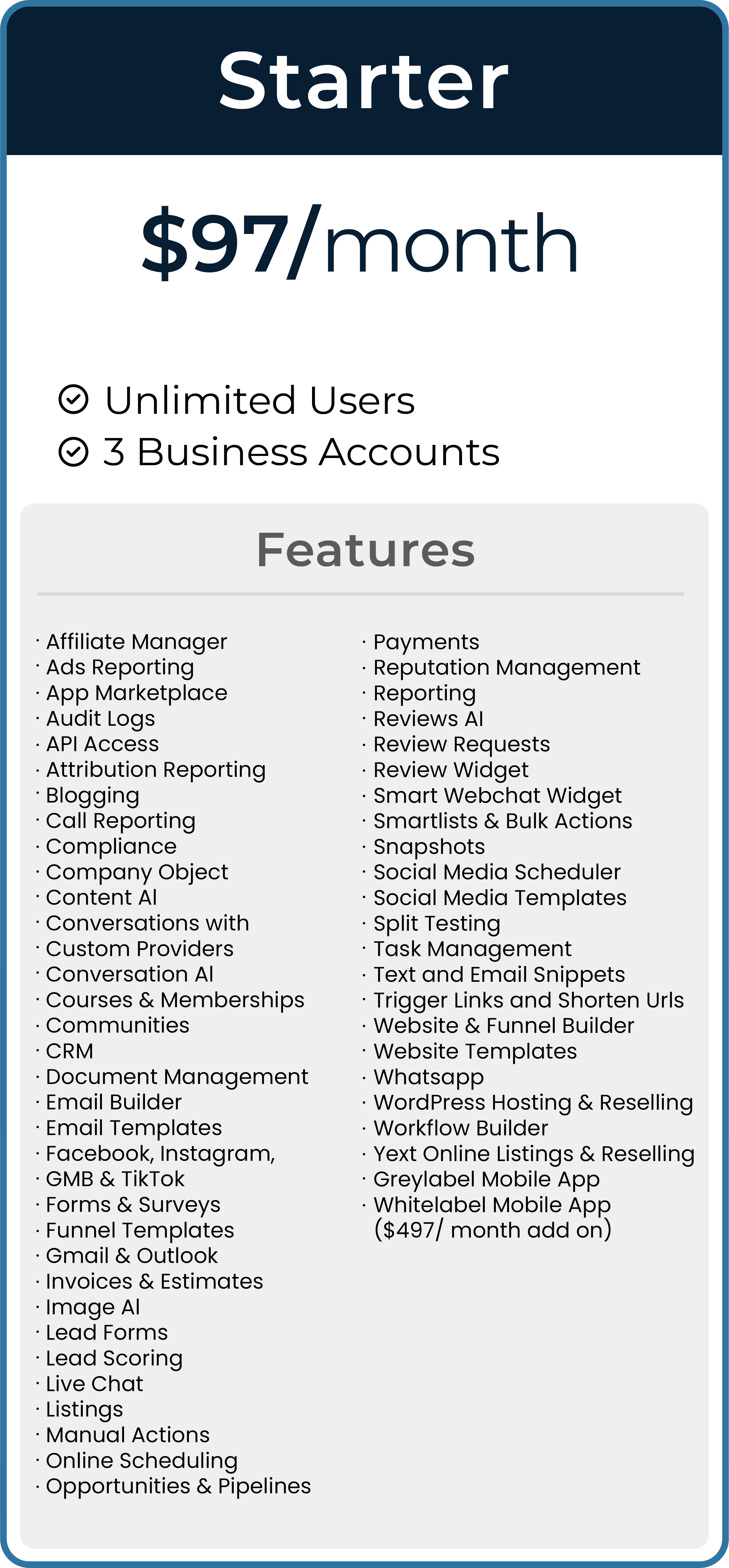 HighLevel Starter plan pricing card