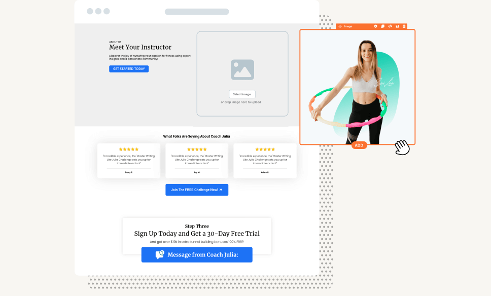 ClickFunnels drag and drop landing page editor with an image being placed on a page