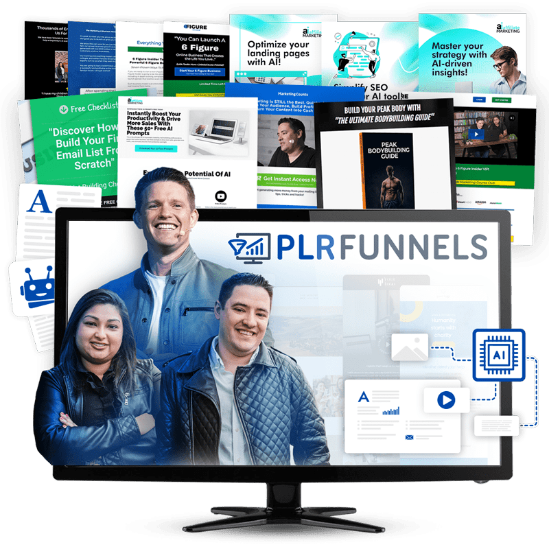 PLR Funnels visual showing ready-made funnels and digital assets on screen
