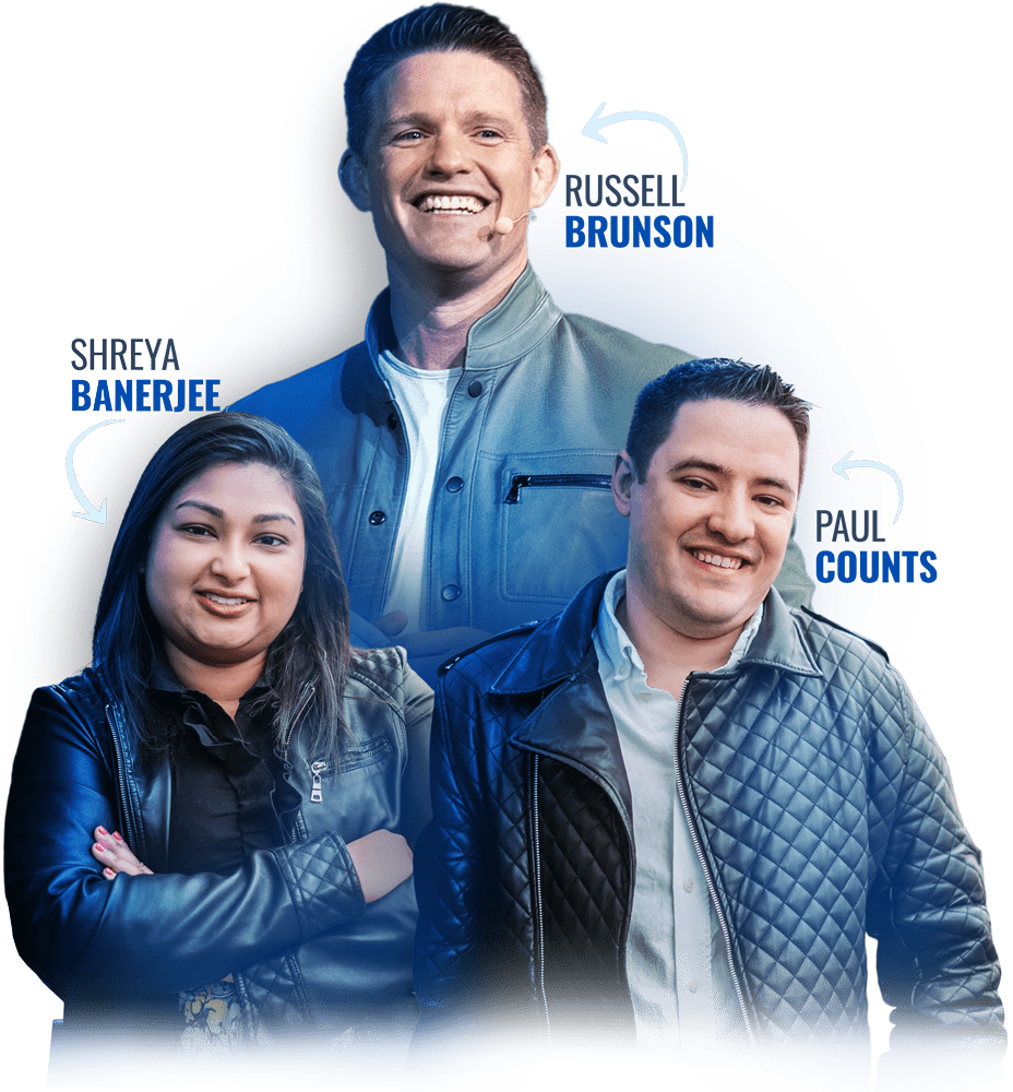 PLR Funnels webinar hosts Russell Brunson, Shreya Banerjee, and Paul Counts