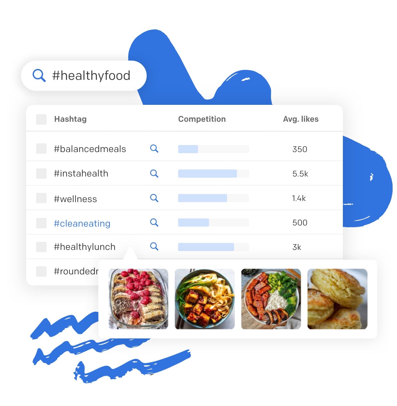 Flick hashtag search results showing competition and average likes