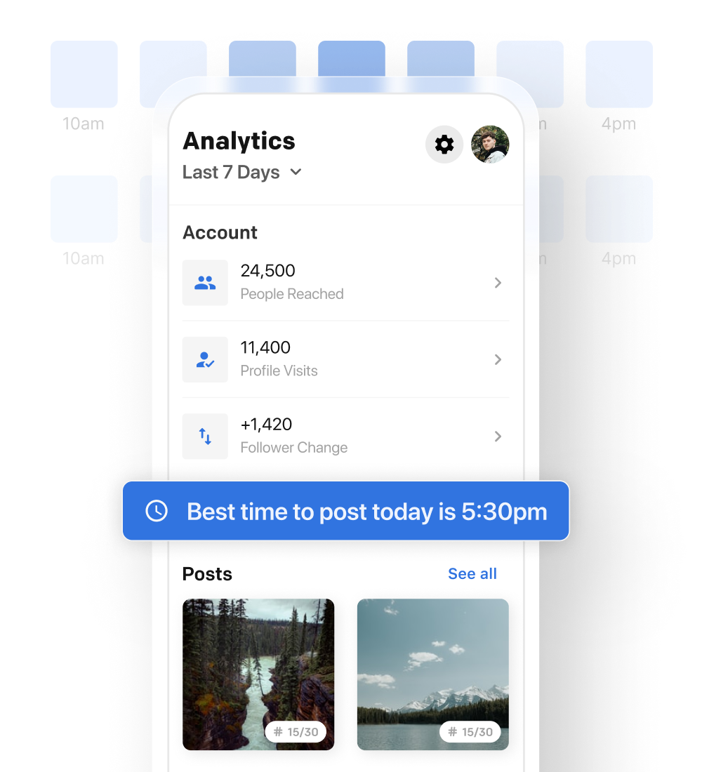 Flick analytics screen showing best time to post and account metrics