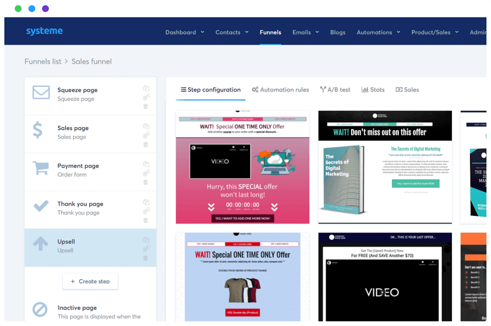 Systeme.io funnel tab showing funnel steps and page variants