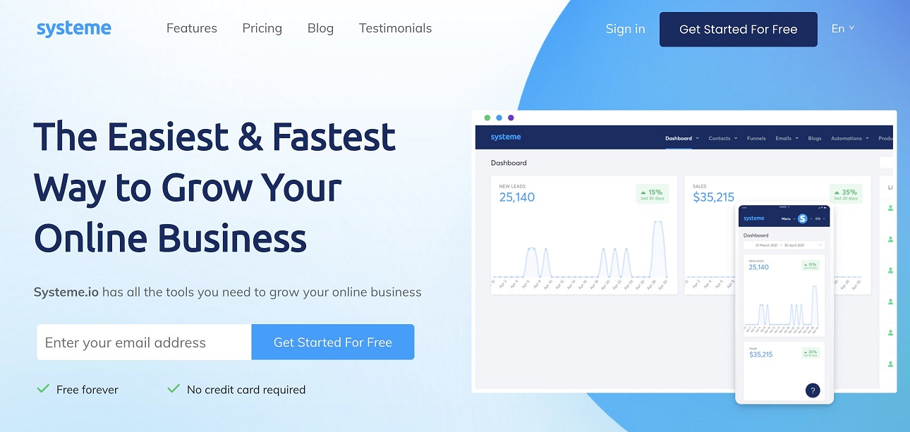 Systeme.io landing page example with signup form and dashboard preview