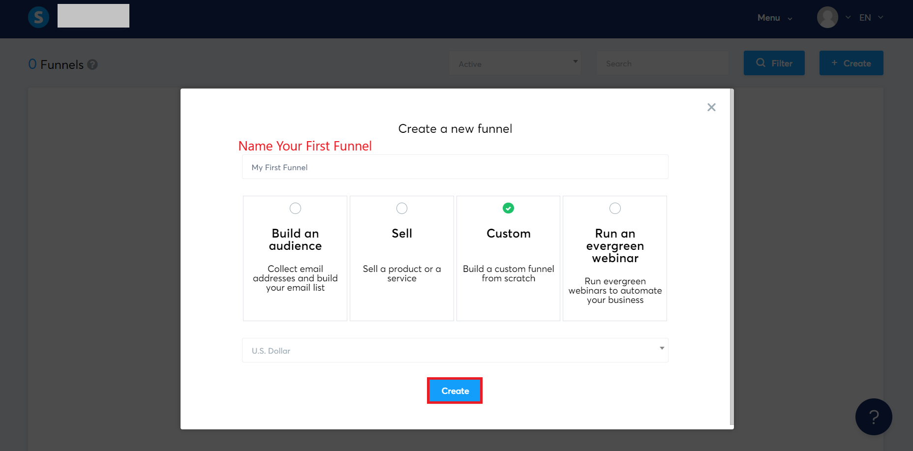 Systeme.io funnel creation screen