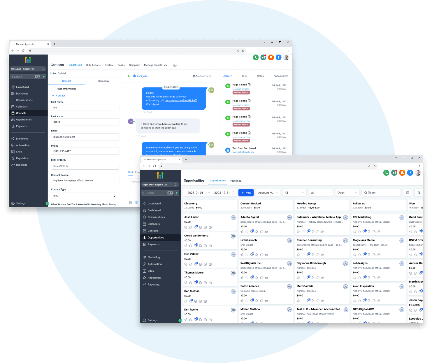GoHighLevel CRM and opportunities dashboard