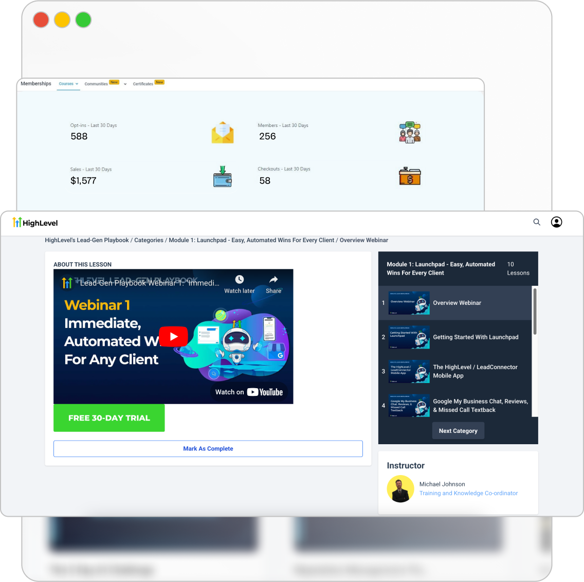 HighLevel memberships and course area dashboard