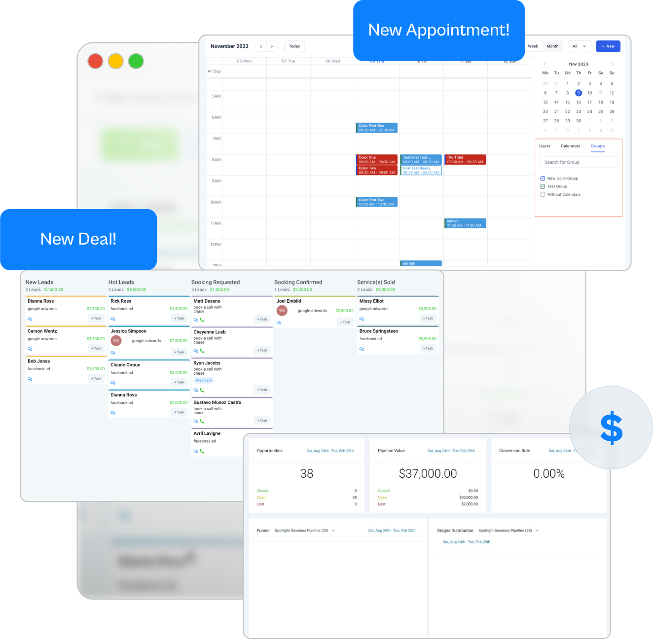 HighLevel calendar, pipeline, and sales dashboard view