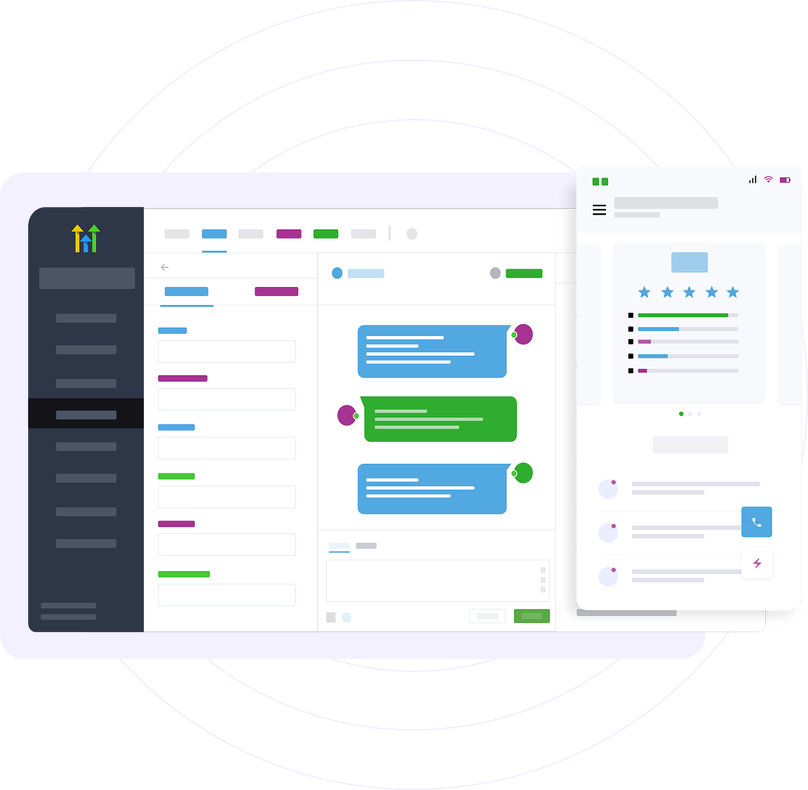 HighLevel messaging and follow-up automation view across desktop and mobile