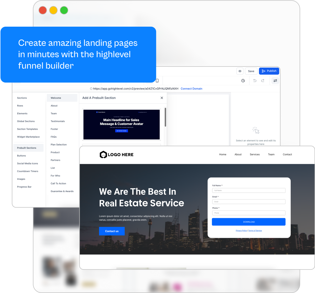 HighLevel funnel builder interface and landing page preview