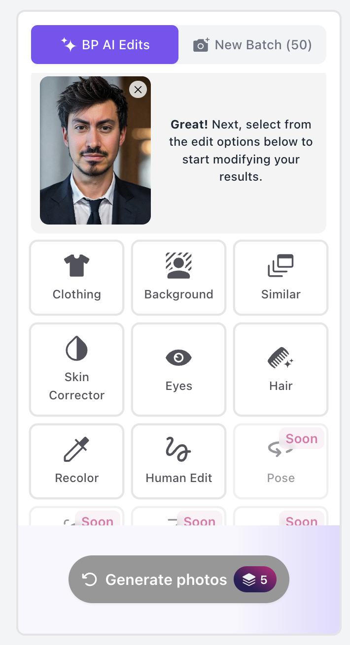 BetterPic AI Studio edit menu showing clothing, background, skin corrector, eyes, hair, recolor, and human edit options