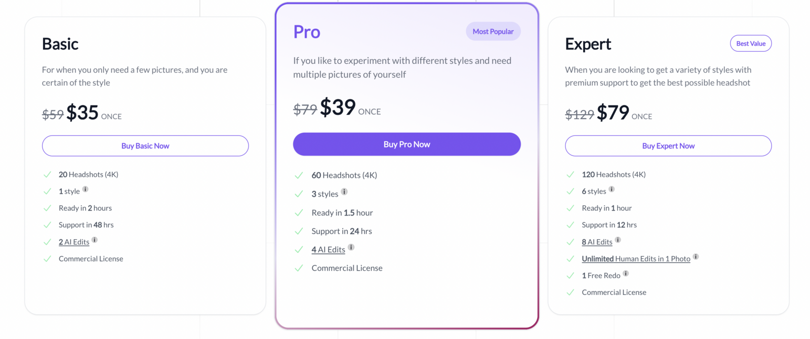 BetterPic package pricing screenshot showing Basic, Pro, and Expert plans
