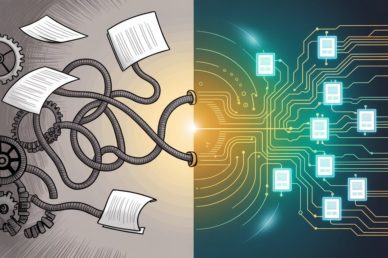 Illustration comparing manual compliance work with AI automation