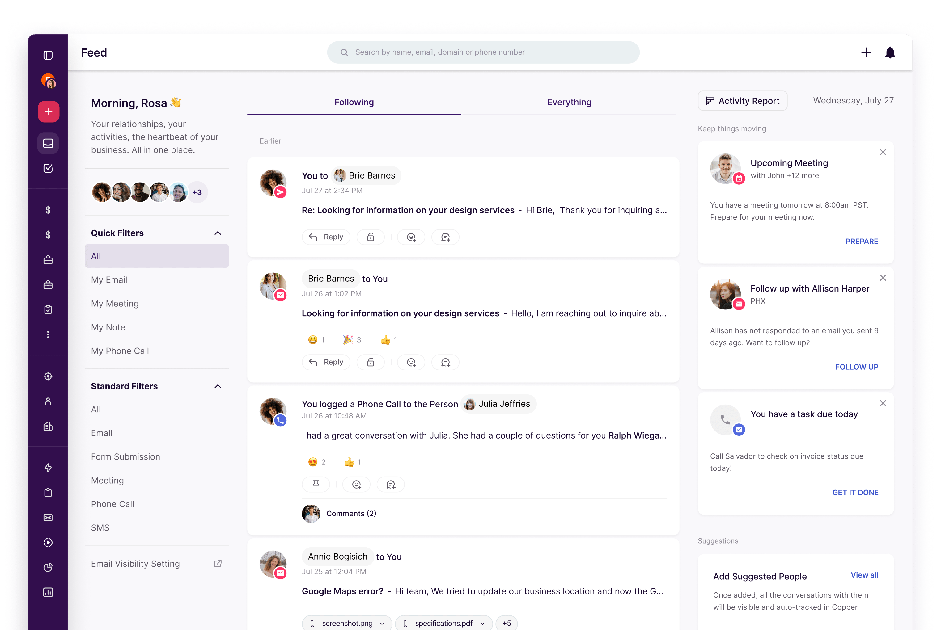 Copper activity feed showing emails, meetings, and follow-up tasks