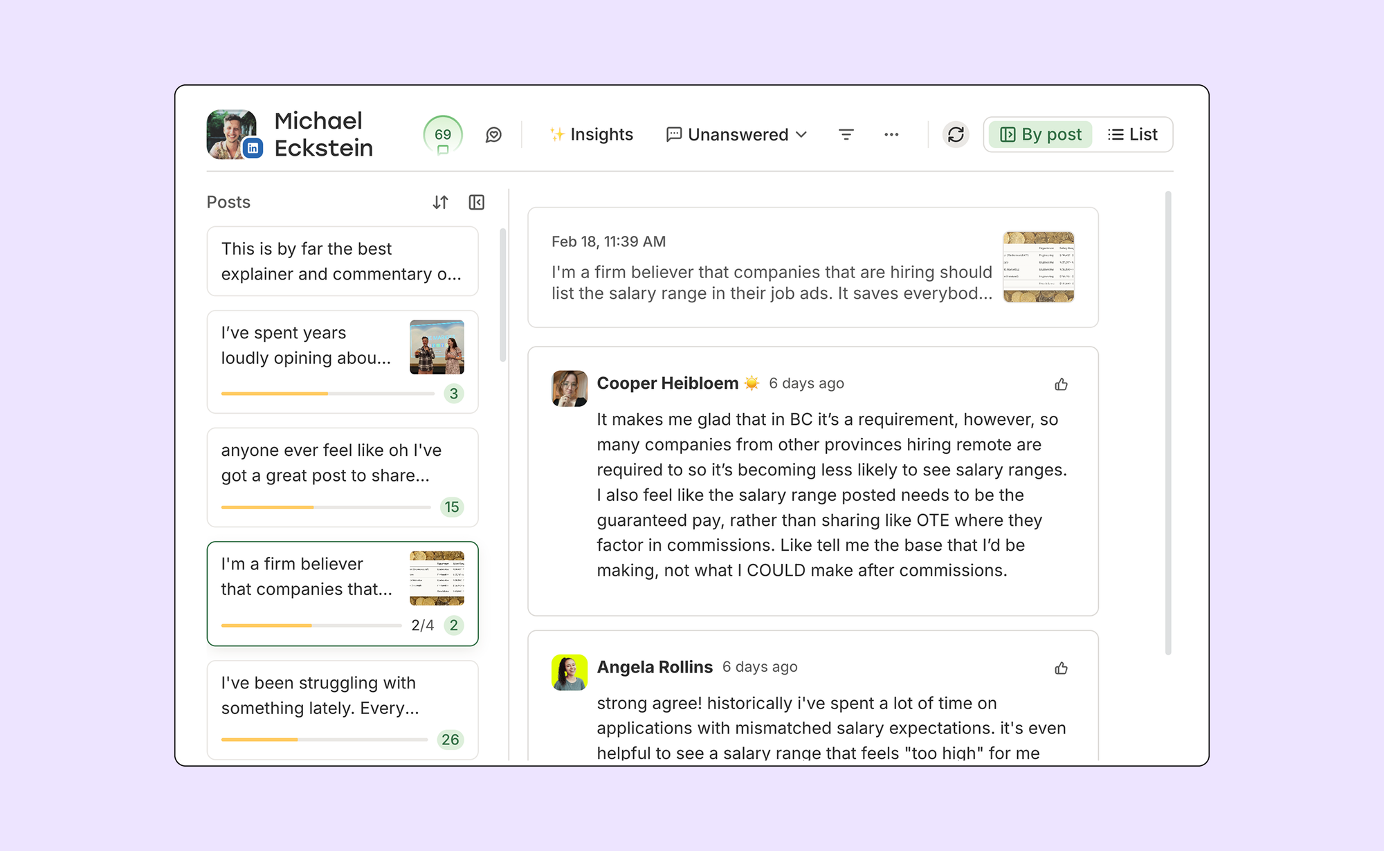 Buffer dashboard showing posts, insights, and comment view options