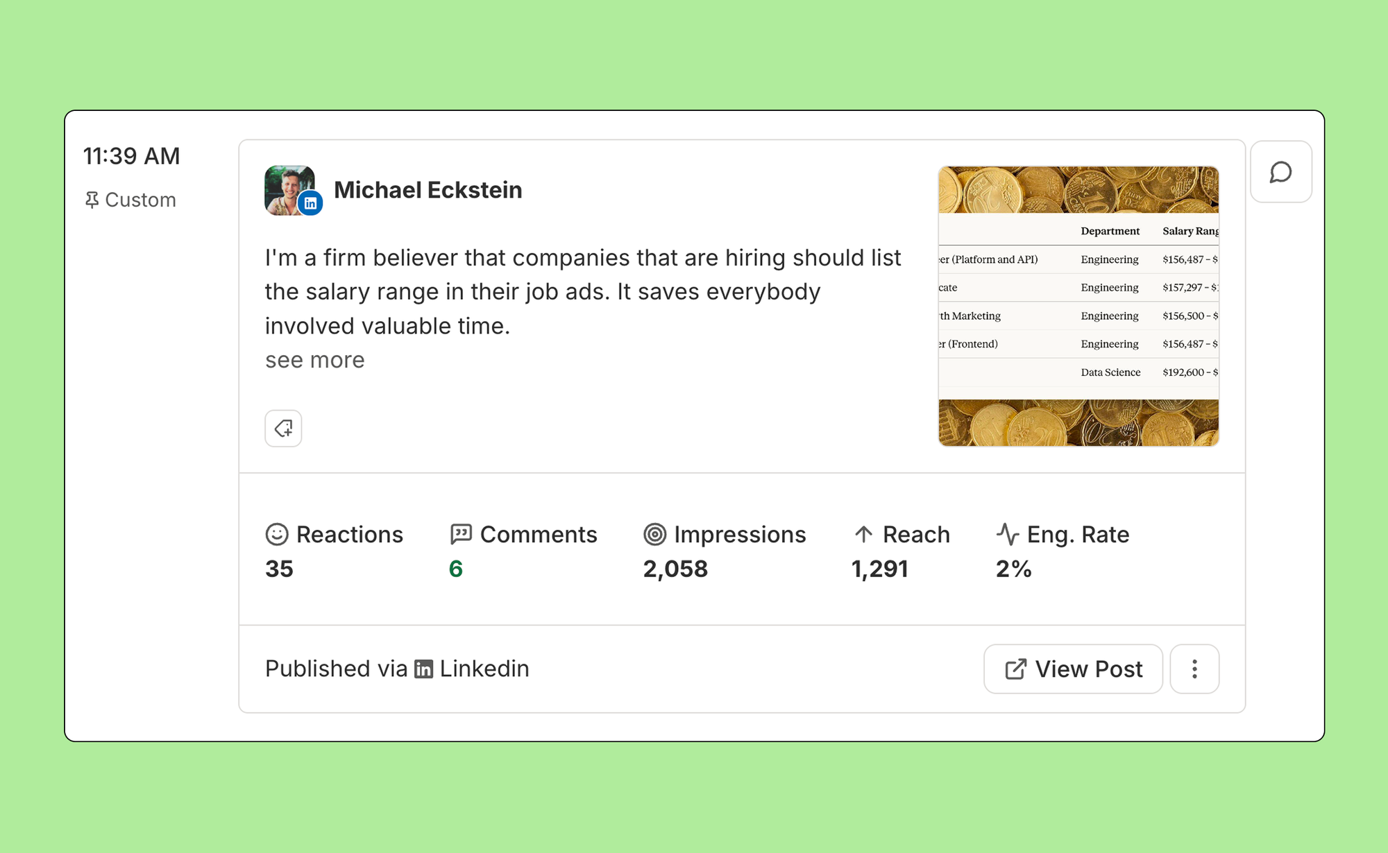 Buffer analytics view showing post metrics and engagement data