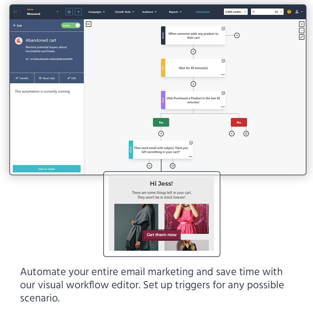 Moosend automation workflow builder with abandoned cart sequence