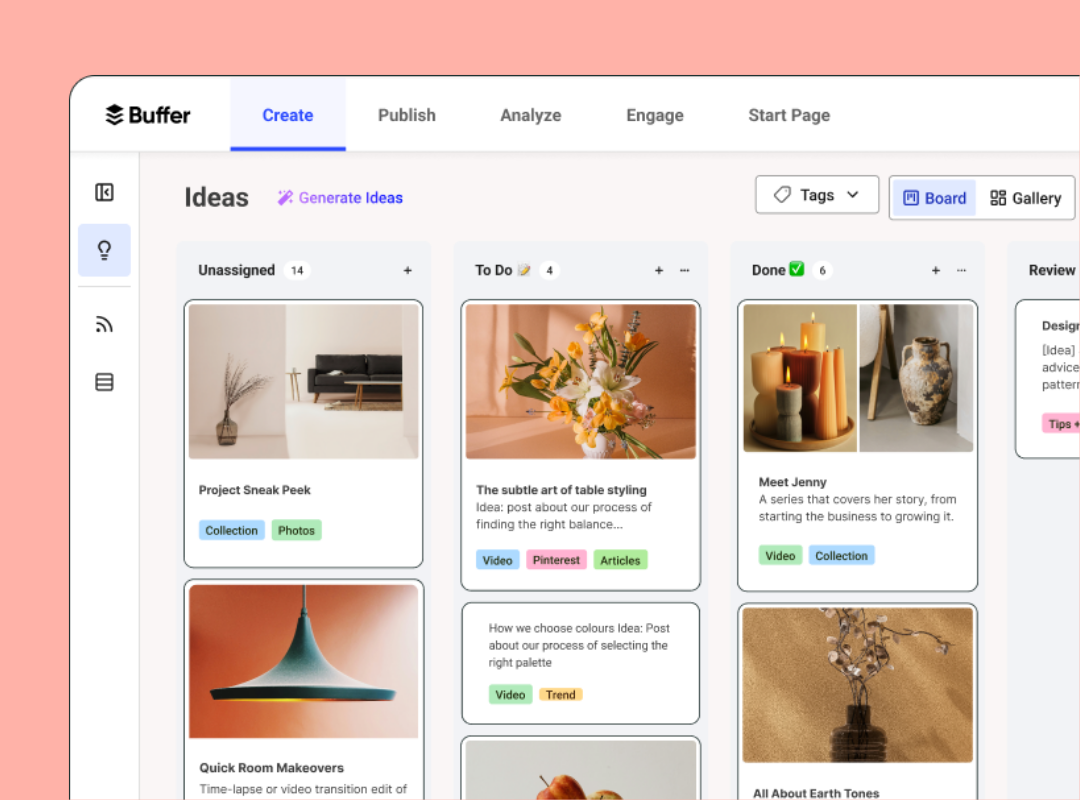 Buffer ideas board for planning social media content and organizing post ideas