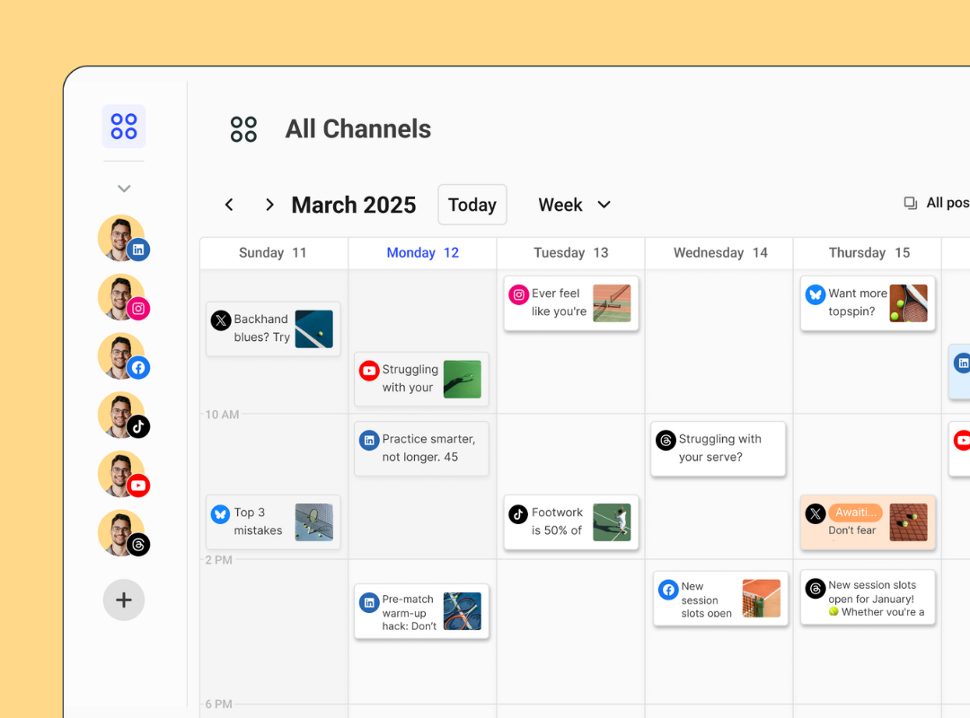Buffer publishing calendar showing scheduled posts across multiple social channels