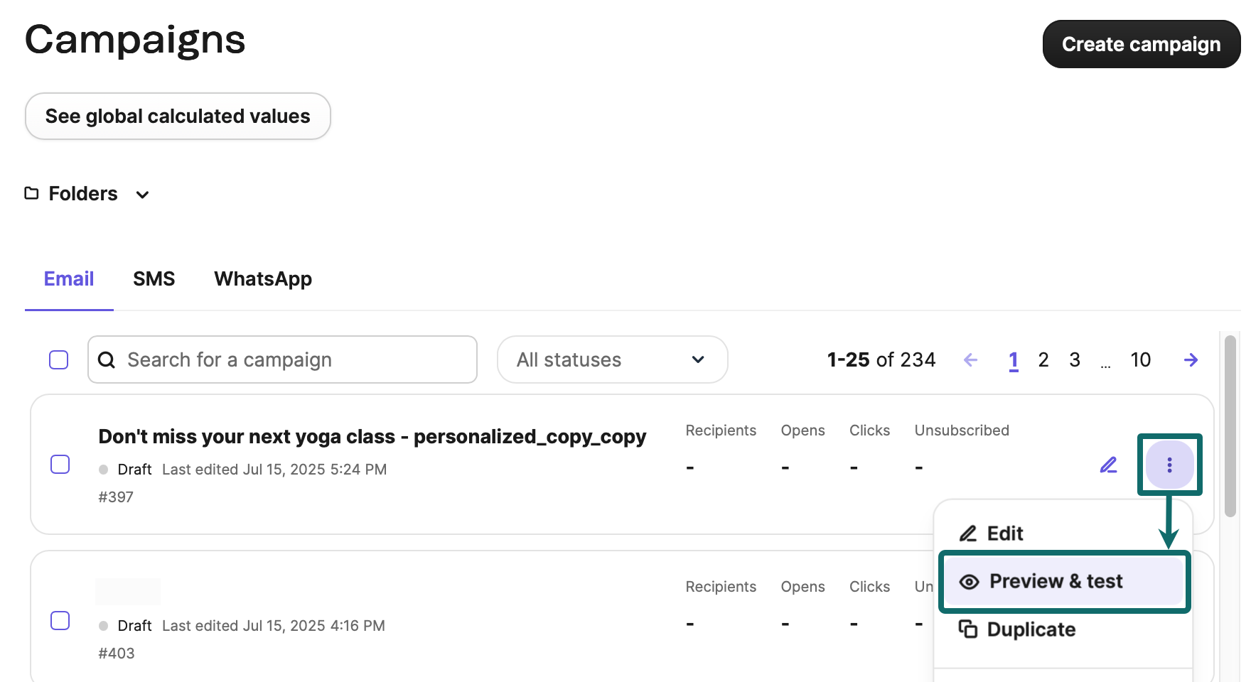 Brevo campaign list showing preview and test access