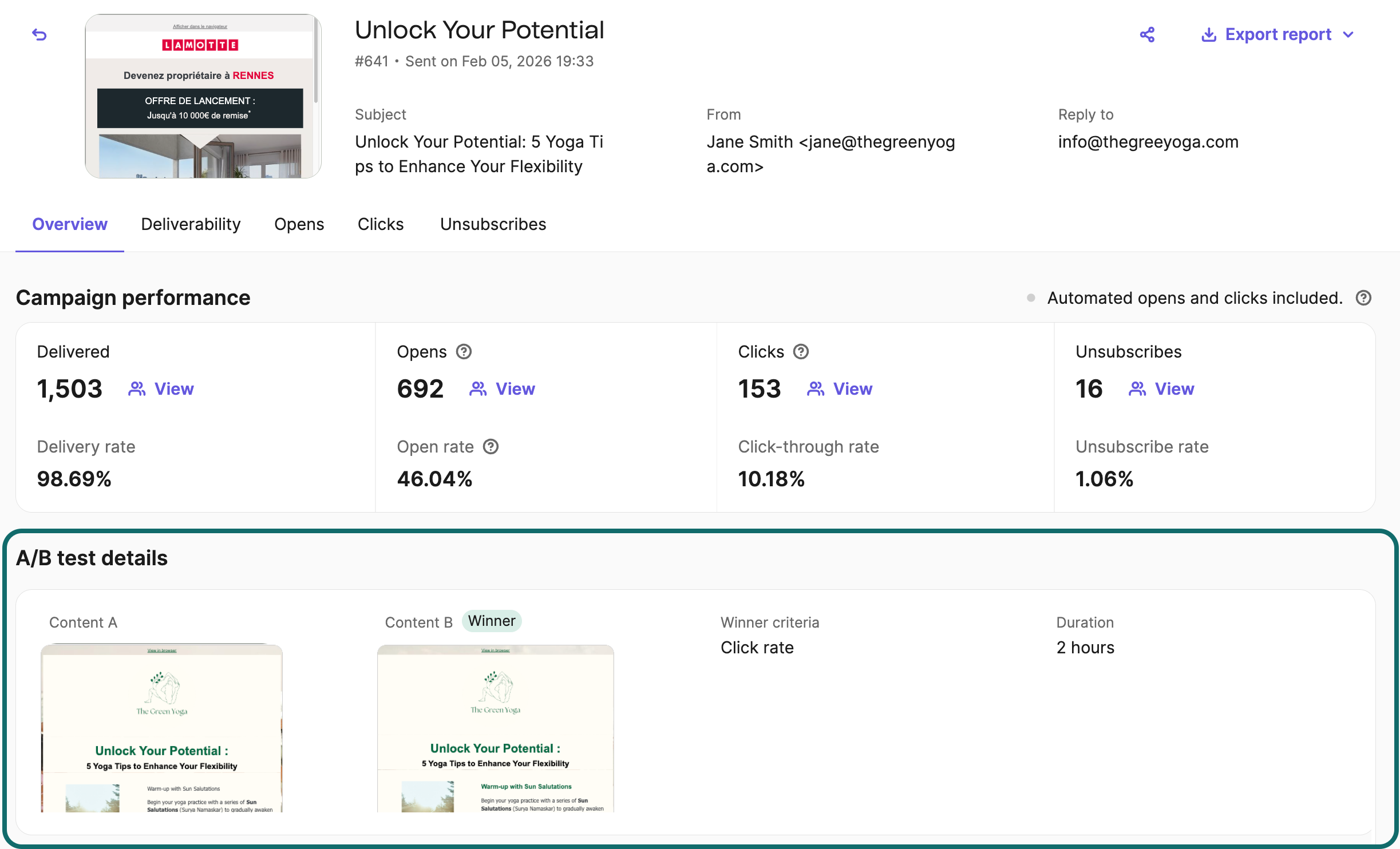 Brevo A/B test report showing winning campaign version and performance metrics