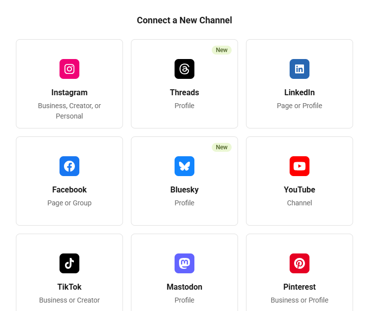 Buffer screen for connecting social channels like Instagram, LinkedIn, Facebook, TikTok, YouTube, and Pinterest