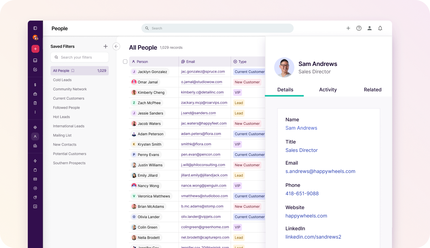 Copper people list with contact preview panel open