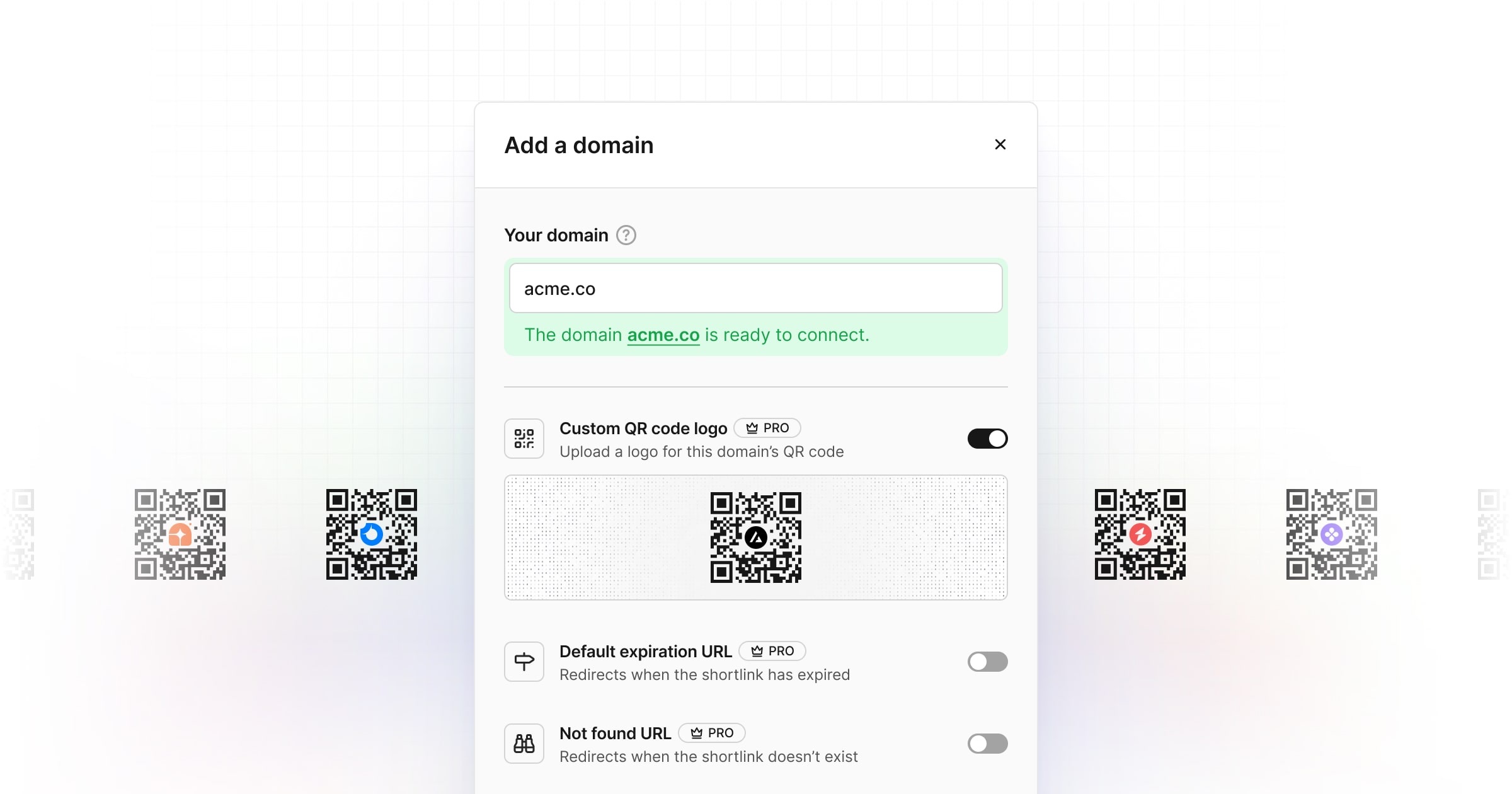 Dub domain settings showing custom QR code logo controls inside the platform