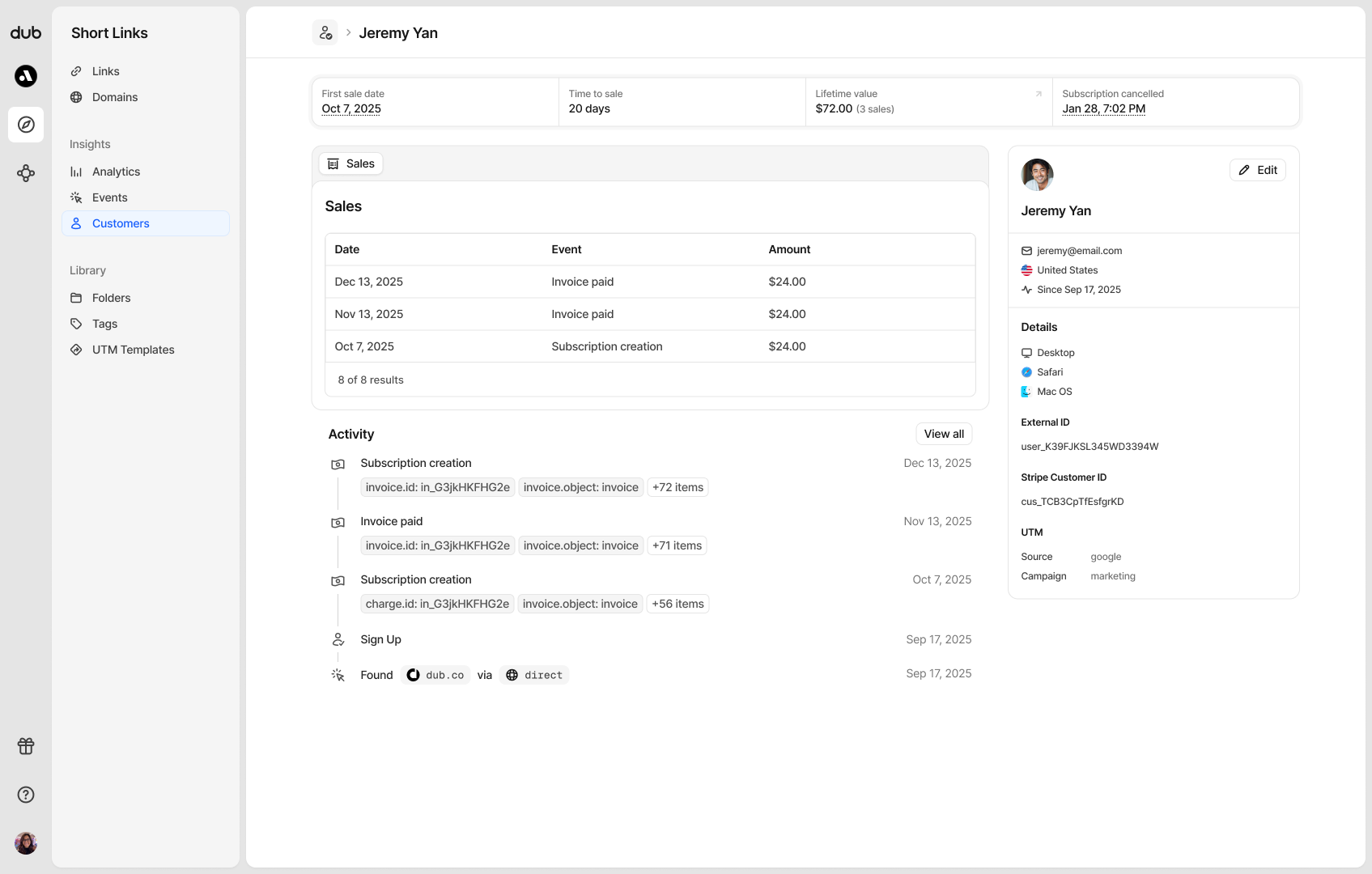 Dub customer page showing sales activity lifetime value and referral details