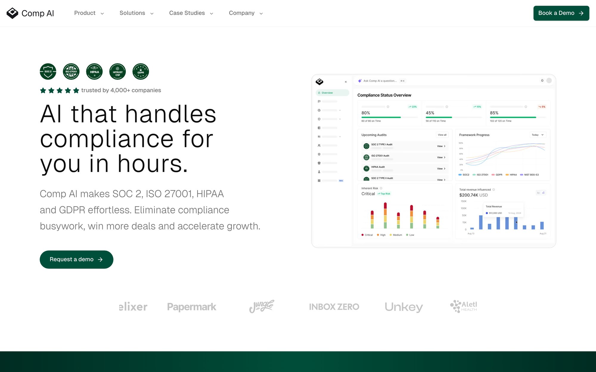 Comp AI homepage and compliance dashboard preview